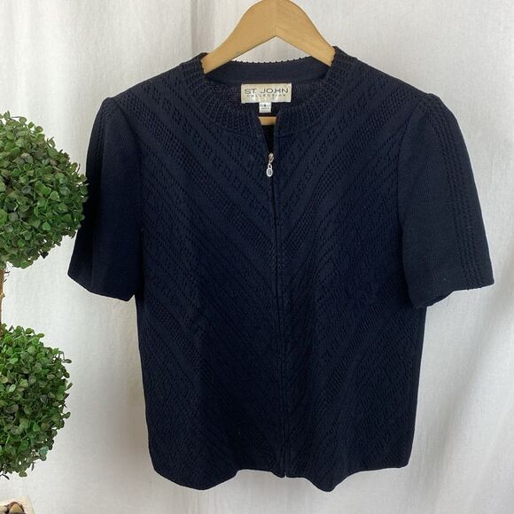 St John Black Santana Knit Short Sleeve Zip Sweater Top 6 - Picture 2 of 7
